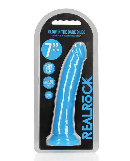 RealRock Shots RealRock 7" Slim Dildo Glow in the Dark - Neon Blue