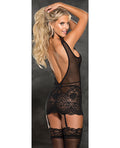 Shirley Of Hollywood Stretch Lace Patterned Gartered Chemise & G-String Black SM - Image 2
