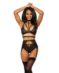Showtime Stretch Lace w/Satin Elastic Bra, Garter Belt & G-String Panty Black XXL