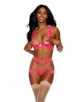 Showtime Lace Underwire Peek a Boo Bra, Garterbelt & G-String Coral XL