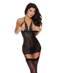 Showtime Lace & Mesh Peek a Boo Chemise w/Garter Black/Purple XL