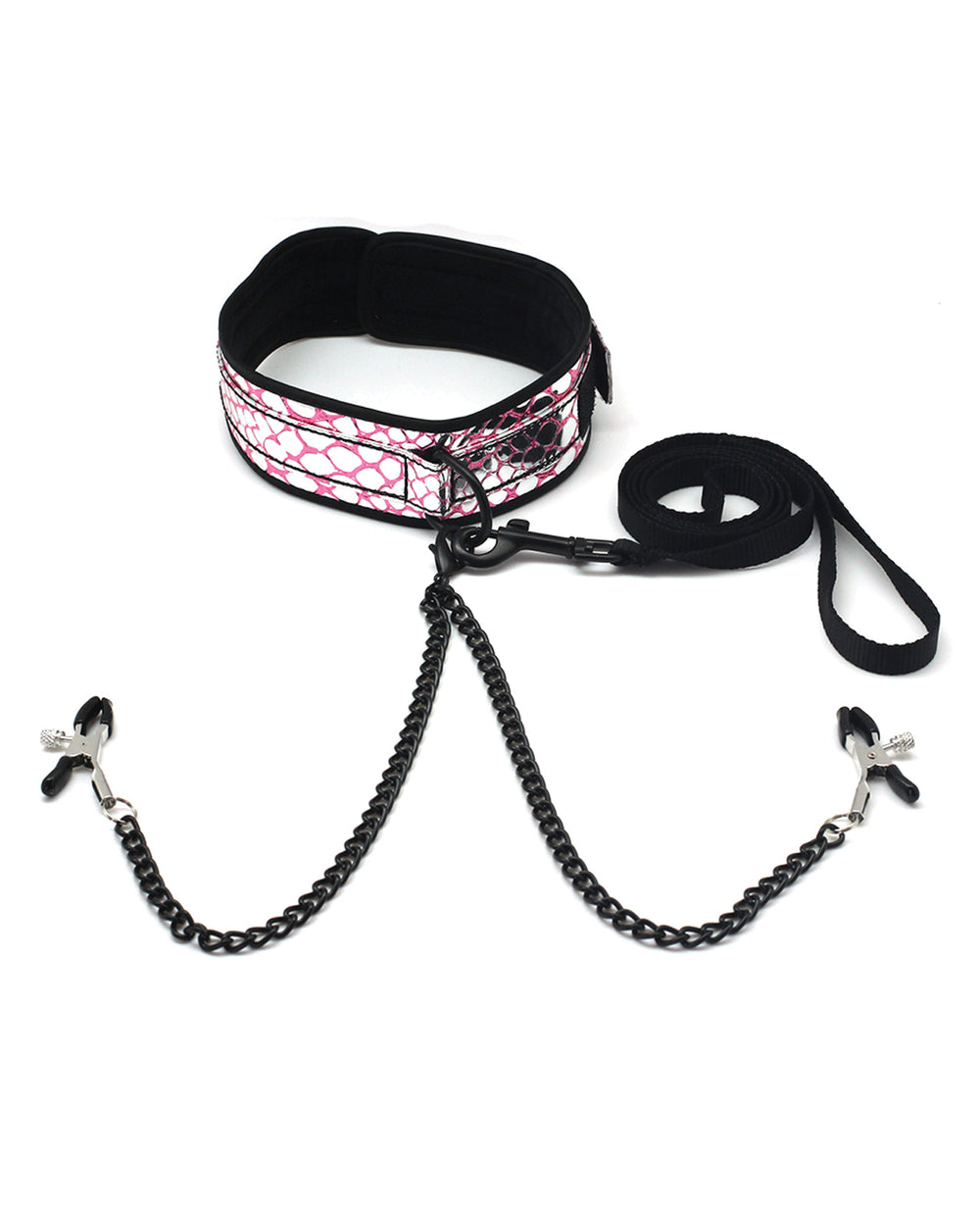 Spartacus Spartacus Faux Leather Collar & Leash w/Black Nipple Clamps - Pink