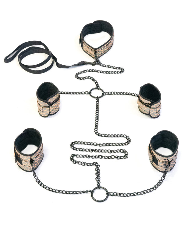 Spartacus Spartacus Faux Leather Collar to Wrist & Ankle Restraints Bondage Kit w/Leash - Gold