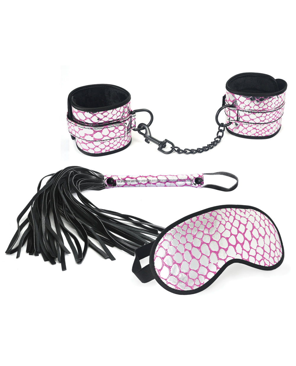 Spartacus Spartacus Faux Leather Wrist Restraints Blindfold & Flogger Bondage Kit - Pink