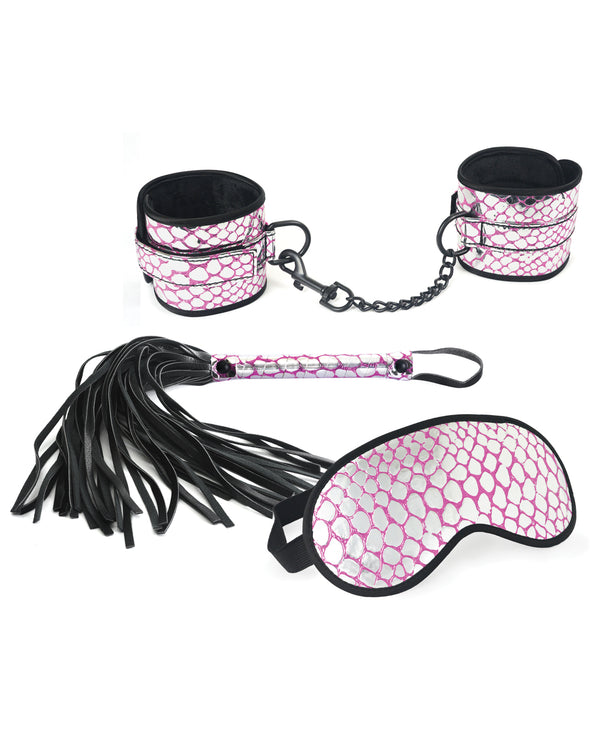 Spartacus Spartacus Faux Leather Wrist Restraints Blindfold & Flogger Bondage Kit - Pink