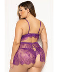 Seven 'til Midnight Floral Eyelash Lace Underwire Babydoll w/Thong 2 pc Set - Purple 1X/2X - Image 2