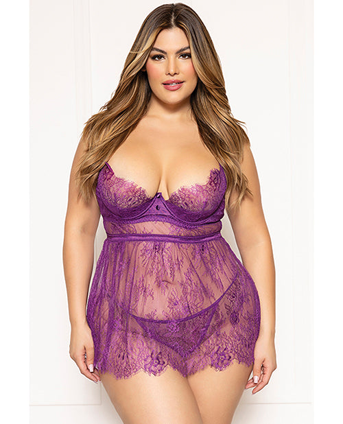Seven 'til Midnight Floral Eyelash Lace Underwire Babydoll w/Thong 2 pc Set - Purple 3X/4X