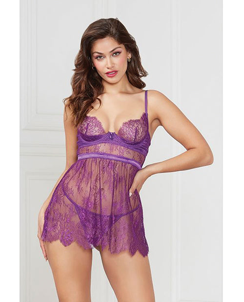Seven 'til Midnight Floral Eyelash Lace Underwire Babydoll w/Thong 2 pc Set - Purple LG