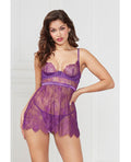 Seven 'til Midnight Floral Eyelash Lace Underwire Babydoll w/Thong 2 pc Set - Purple SM