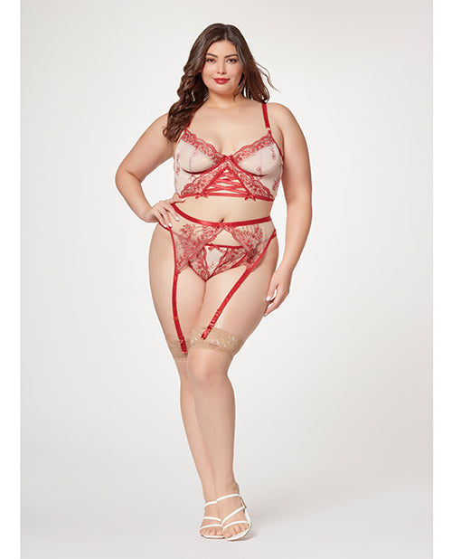 Seven 'til Midnight Sheer Stretch Mesh w/Floral Contrast Embroidery Bustier, Garter Belt & Thong Red/Nude 3X/4X