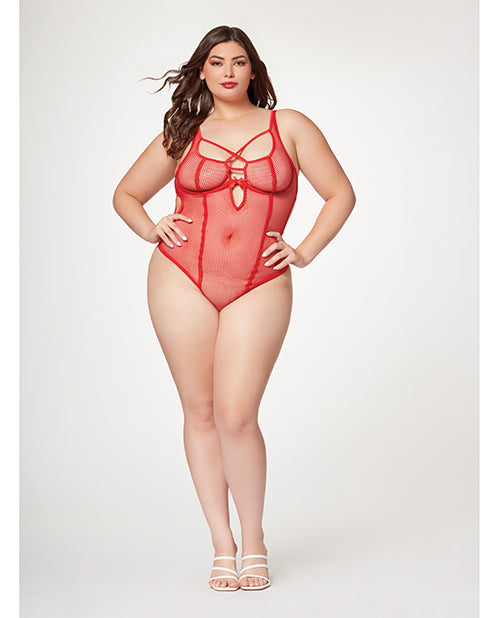 Seven 'til Midnight Fishnet Strappy High Cut Leg Teddy Red 3X/4X