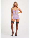 Seven 'til Midnight Lace & Mesh Triangle Cup Chemise w/Garters & Thong Lavender SM