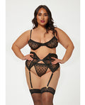 Seven 'til Midnight Valentines Heart Embroidered Mesh Bra, Waspie & Panty Black 1X/2X