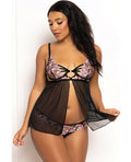 Seven 'til Midnight Floral Lace and Mesh Underwire Babydoll w/Open Back Panty 2 pc Set - Black/Pink MD