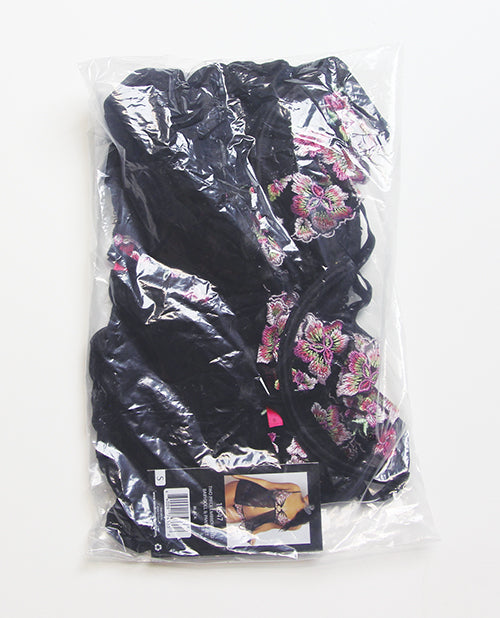 Seven 'til Midnight Floral Lace and Mesh Underwire Babydoll w/Open Back Panty 2 pc Set - Black/Pink SM