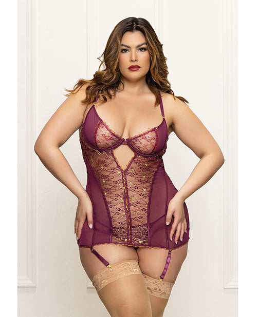 Seven 'til Midnight Metallic Lace with Mesh Gartered Chemise & Thong - Plum 1X/2X