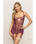 Seven 'til Midnight Metallic Lace with Mesh Gartered Chemise & Thong - Plum LG