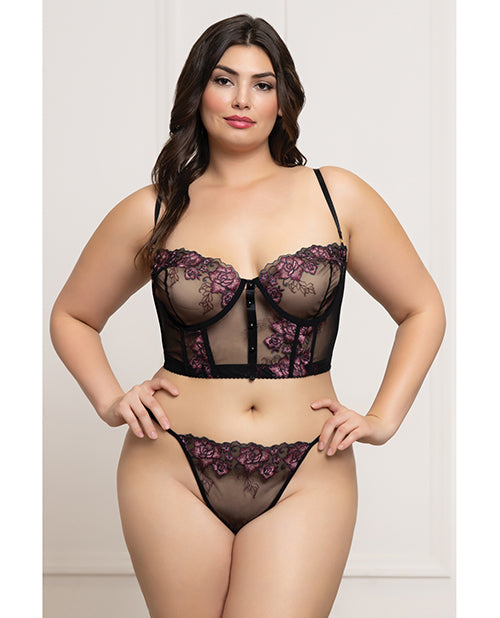 Seven 'til Midnight Floral Lace and Mesh Underwire Bustier w/Thong 2 pc Set - Black/Purple 3X/4X