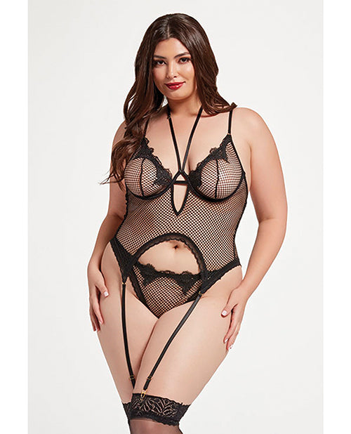 Seven 'til Midnight Stretch Mesh and Lace Cami w/Thong 2 pc Set - Black QN