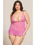 Seven 'til Midnight Lace and Mesh Babydoll w/Thong & Rhinestone Detail - Pink QN