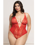 Seven 'til Midnight Lace and Mesh Open Crotch Teddy w/Rhinestone Detail - Red QN