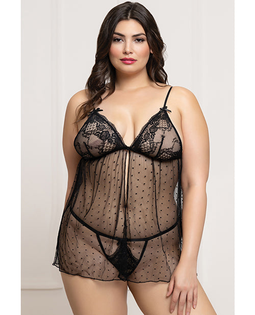 Seven 'til Midnight Lace and Dot Mesh Babydoll w/G-String - Black QN